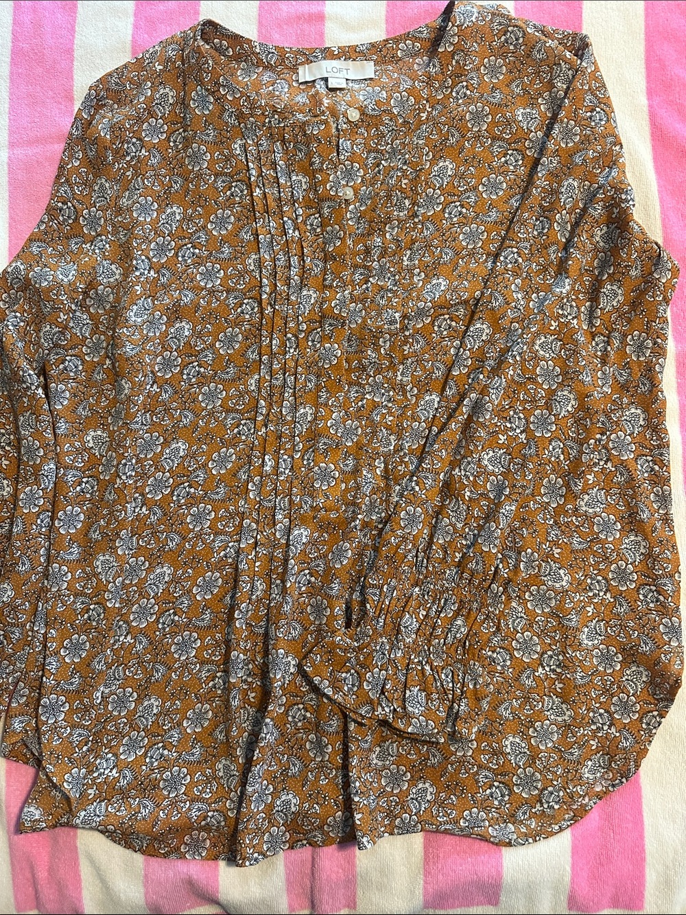 LOFT Mustard Floral Pintuck Front Blouse